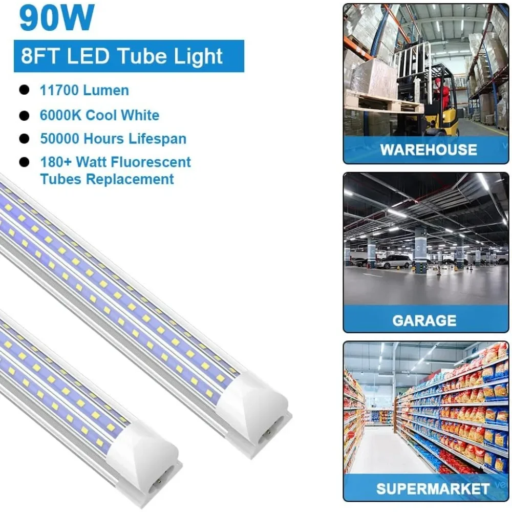 , 90W 11700LM 6000K Cool White, Linkable T8 LED Tube Light Fixtures, D-Shape, 8 Foot LED Shop Lights for Garage, 12 Pack