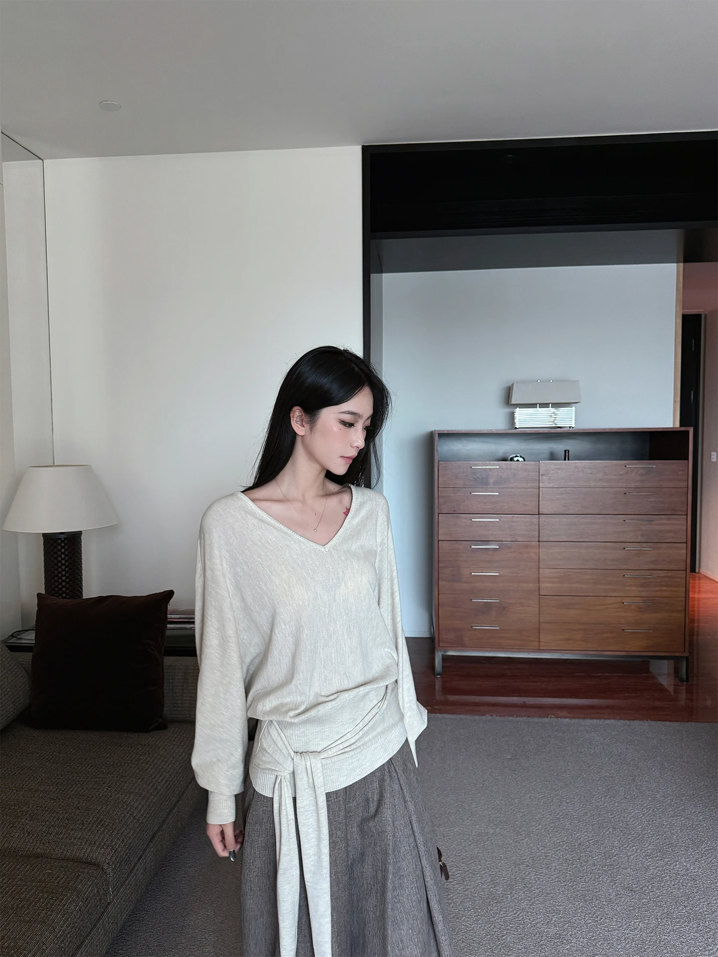 

SMBL RAIN Vintage Soft Polyester Knitted Long Sve Batwing T-irt Women Loose Sle Belted Casual Breathable Top