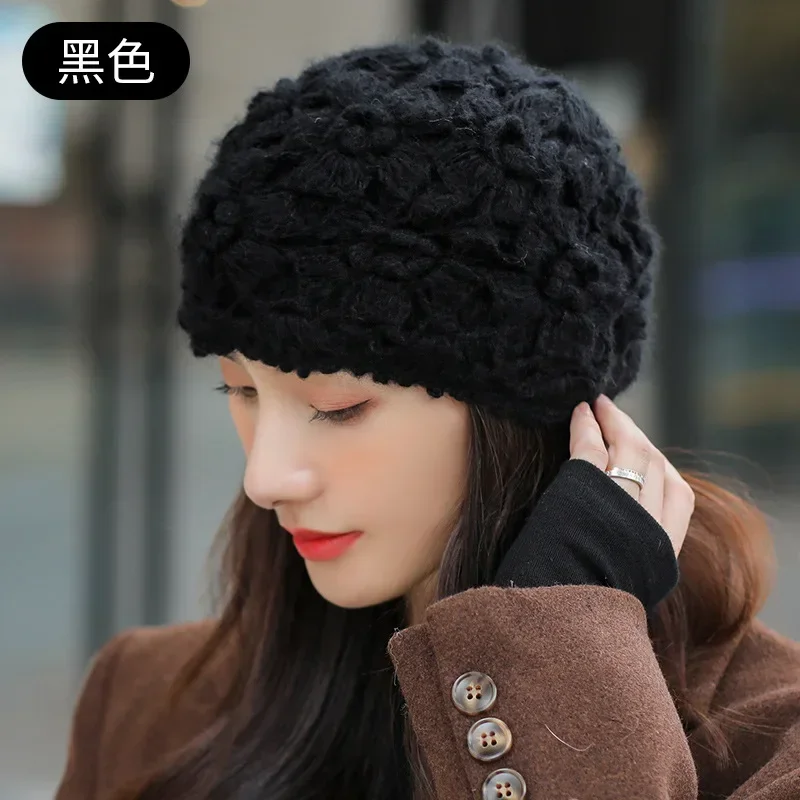 Chic Knitted Hat Winter Women\'s Retro Literature Art Crochet Flower Hollow Out Cap Women Fashion Beret Woolen Cap