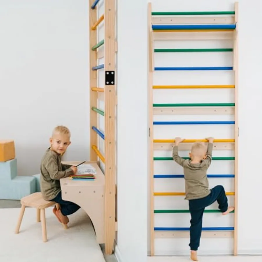 

Шведская лестница с трансформируемым игровым столом для домашней игровой площадки - Монтессори-набор для лазания с настенным скалодромом и развивающими элементами