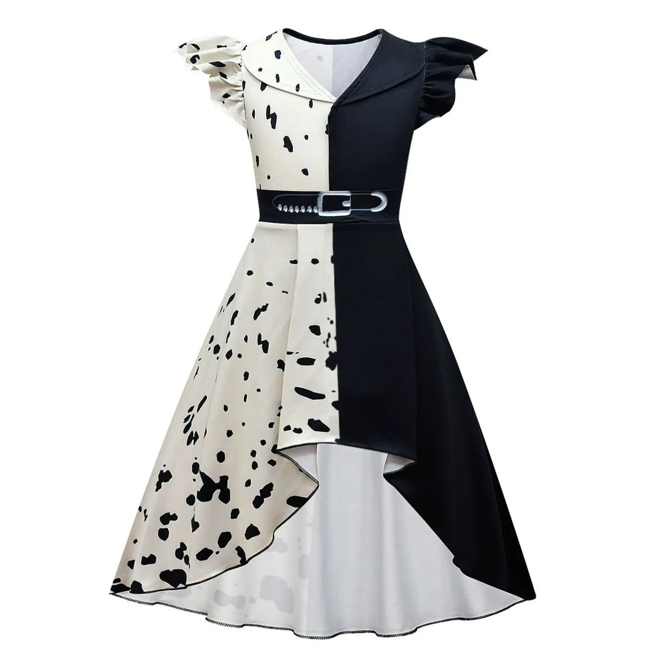 Girls Cruella Deville Costume Kids Movie 101 Black Dalmatian Dress with Bag Wig Suits Baby Girl Halloween Cosplay Party Dress Up