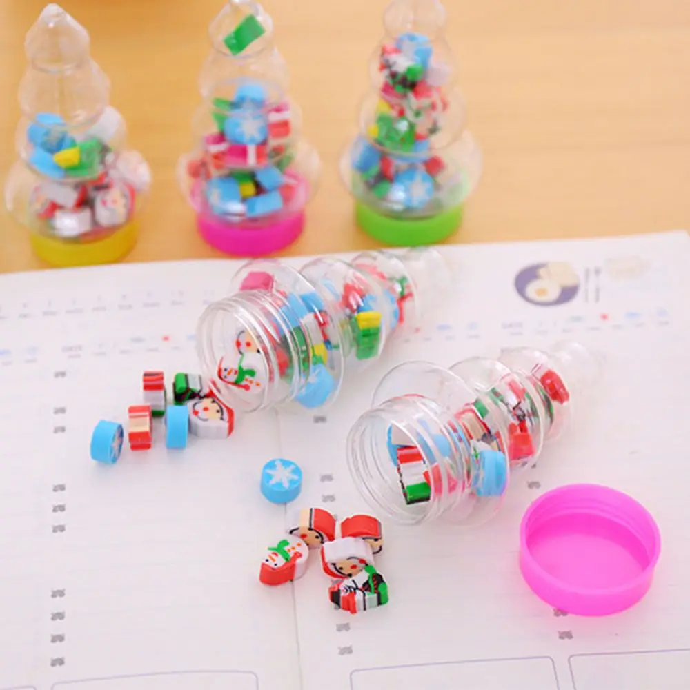 20pcs For Kids Gifts School Office Supplies Cute Merry Christmas Erasers Novelty Santa Tree Mini Rubber Set Bottled Eraser