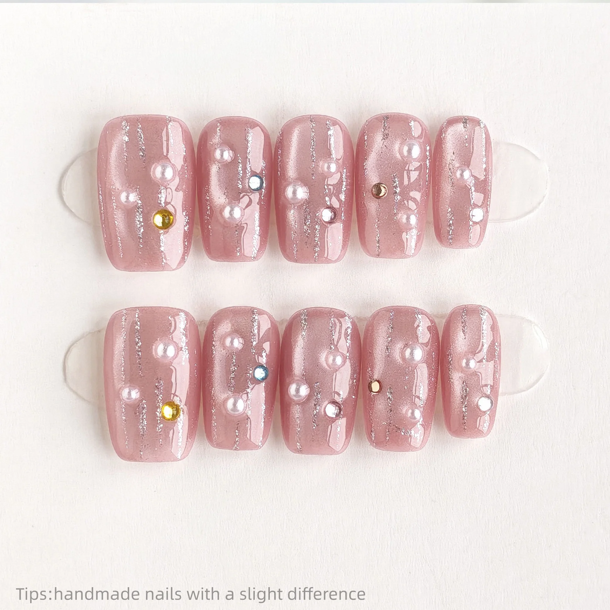 

10pcs Handmade Pink Rhinestone Press on Nails Square Full Cover Wearable Reusable Sweet False Nails 2026
