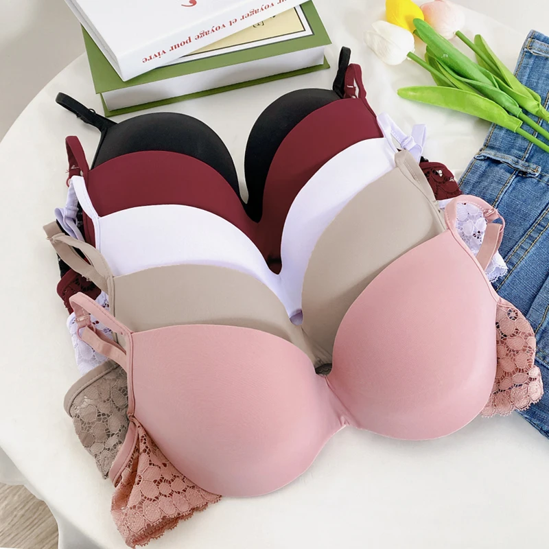 Seamless Women Bras Sexy Lace Splicling Push Up Bra Adjustable Strap Breathe Bras For Women Solid Color Gather Up Brassiere