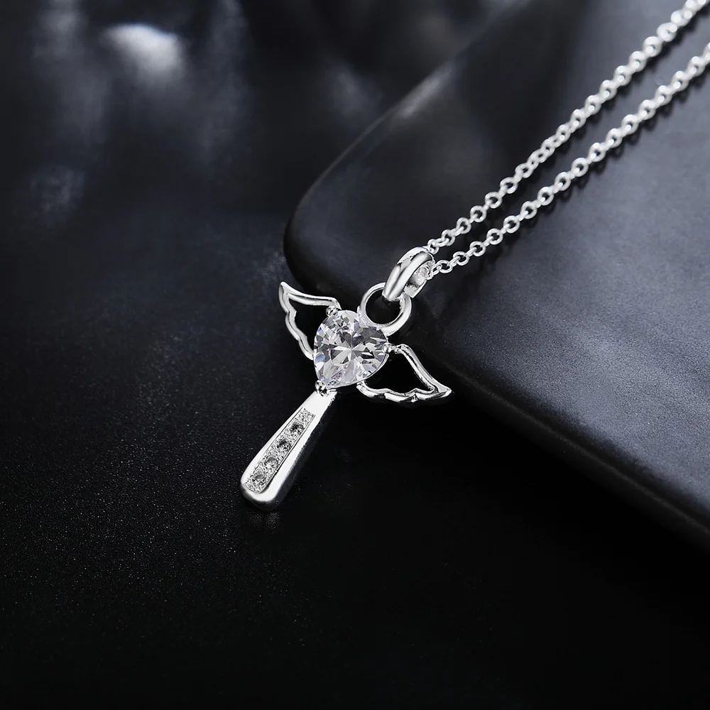 Fashion Brand 925 Sterling Silver Necklace For Women Luxury Wedding Jewelry Angel Crystal Cross Pendants Chain Neckalce