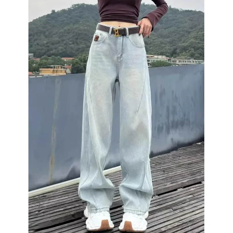 Light Blue Jeans Women's 2025 Winter New Loose-wash Casual Wide-leg Pants Floor-mopping Pants