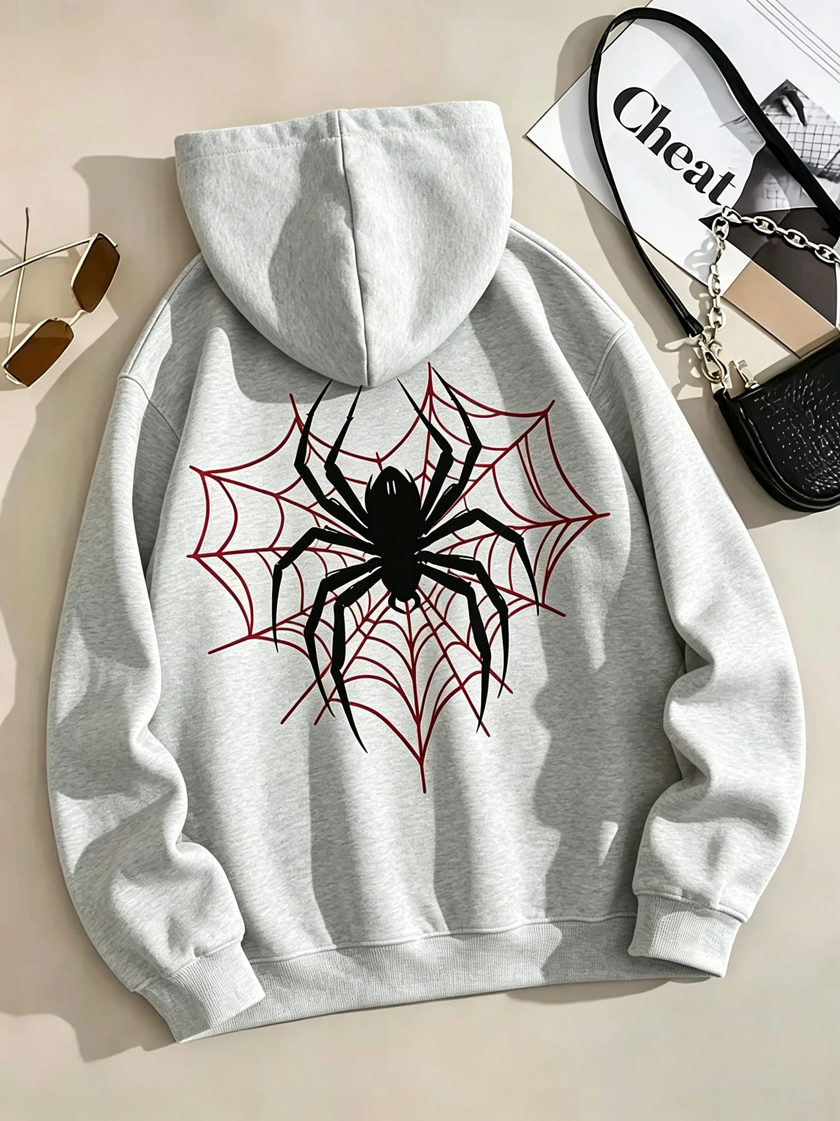 Winter Clothing Drawing - 레드 스파이더 웹 프린트 여성 후드티