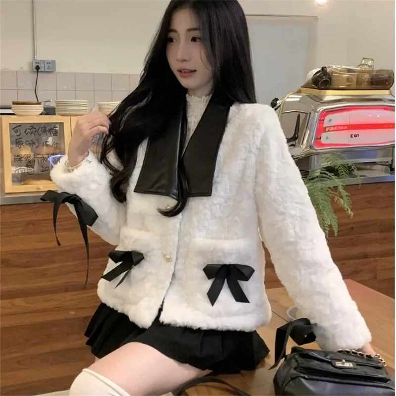 Fashion Winter Women Cute Bow Thick Wool Coat Turn Down Collar Warm Short Jacket Fleece Contrast Color Thick Plush Cardigan