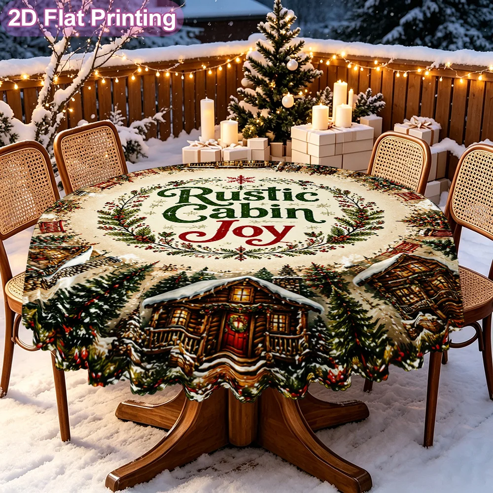 2D Flat, Country Cottage Joy Wreath Printed Round Tablecloth 1 Pack - Holiday Table Cover for Christmas Decorations