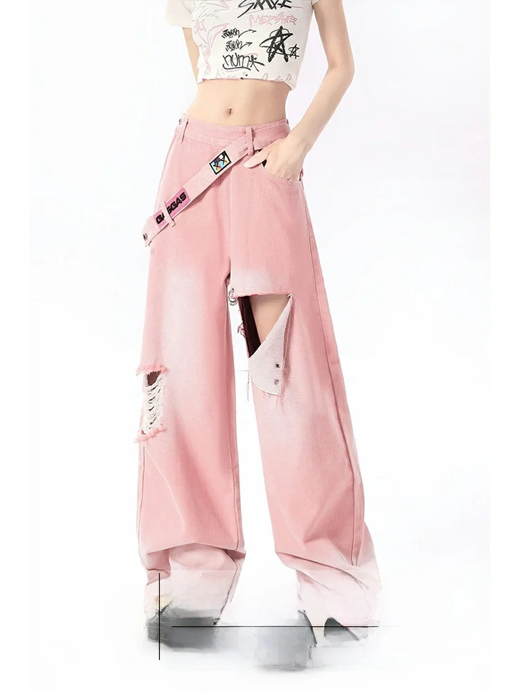 

Dopamine Pink Hole Denim Pants Women Summer Large Size High Waist Loose Slim Straight Long Trousers Vintage Pure Color Jeans