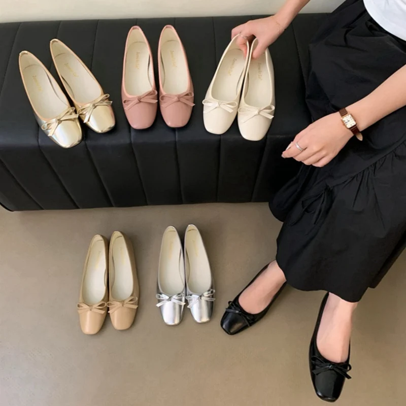 French Square Toe Bow Flats Shoes 2024 New Autumn Shallow Fairy All-match Gentle Office Dress Wedge Heels Pumps Female Ballerina