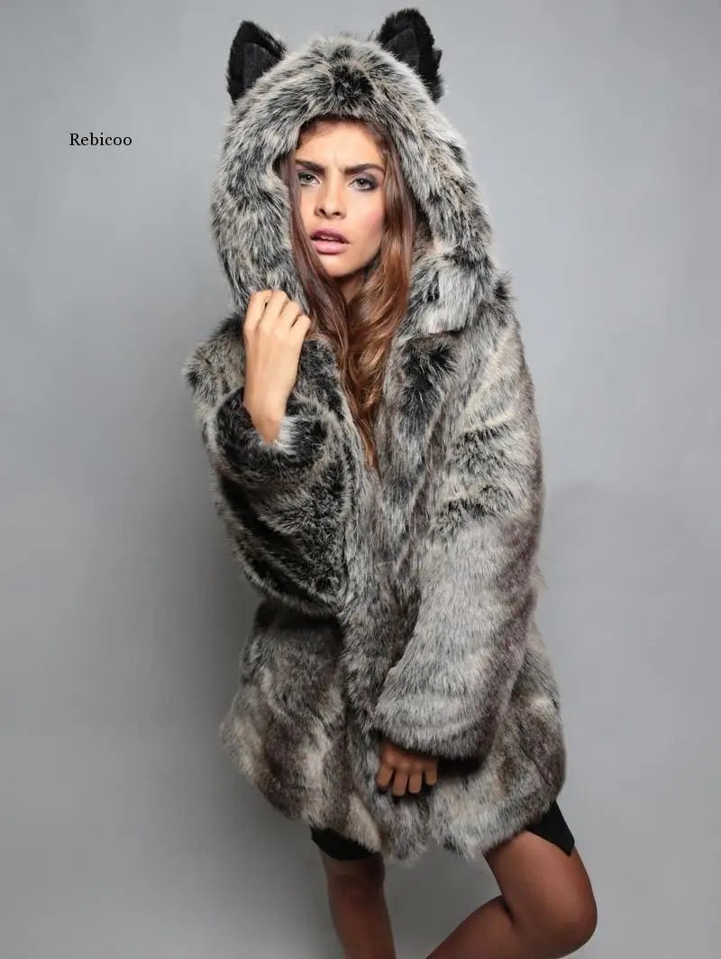 

Hood Coat Fur Faux Women Rabbit Fur Jacets Female Thick Warm Overcoat Fox Furs Collar Coats Black Jacket Oversize 5XL