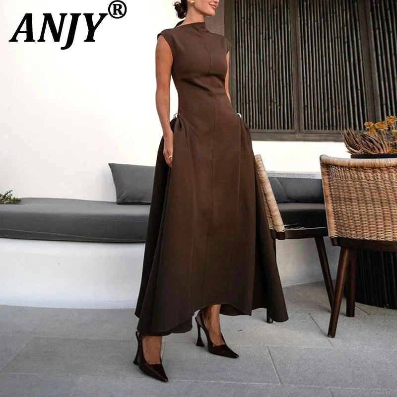 

ANJY Spring Summer New Women Trend Elegant Chic Solid Color French Style Half High Collar Irregular Hem Design Long Dress A20640
