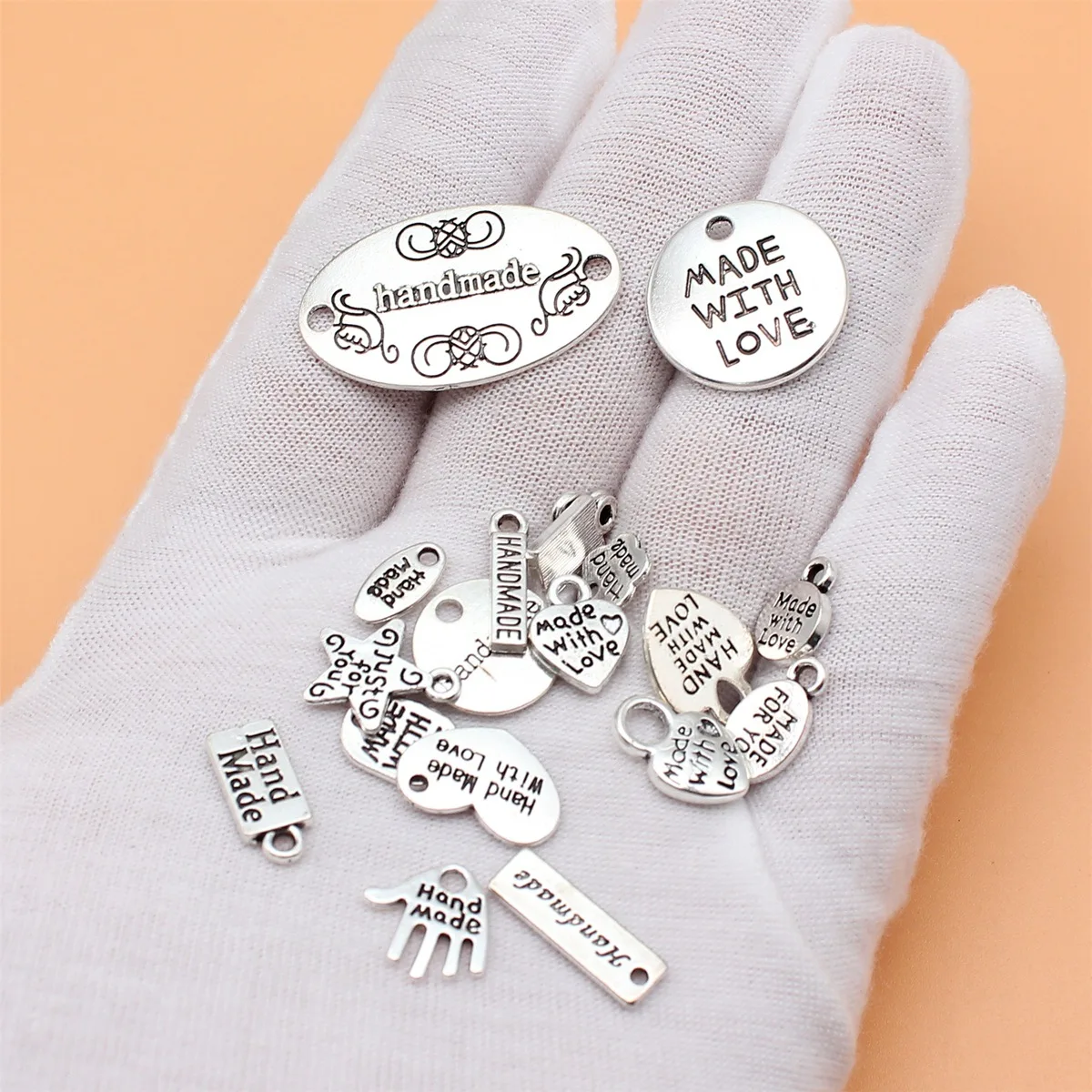 19pcs Antique Silver Color Hand Made, Made With Love Tag Charms Collection For DIY Jewelry Making, 19 Styles, 1 of Each