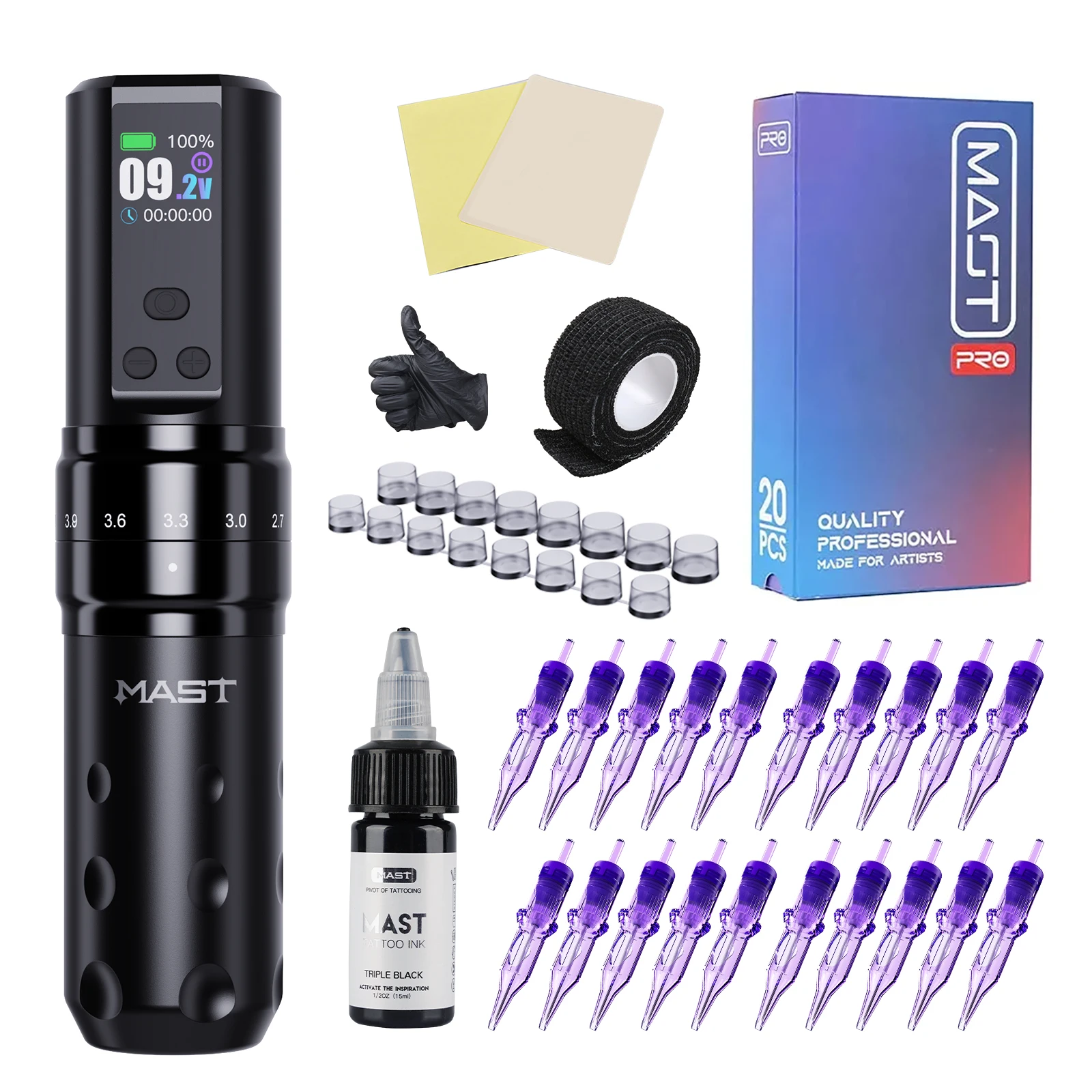 Mast possède 2 PRO-Kit de stylo de machine à tatouer sans fil, écran de document réglable à 7 temps, stylo à batterie, cartouche PRO, ensemble de fournitures de tatouage