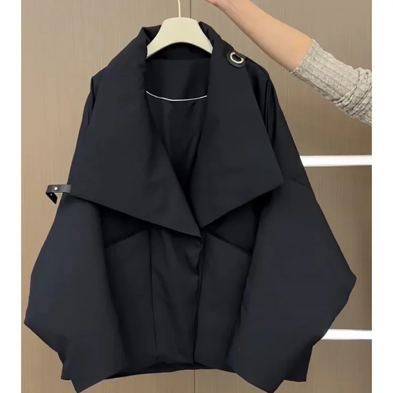 Winter Large Lapel Design Sense Women's Short Cotton Clothes Fashionable Foreign Style Solid  Thickened Top Women Coat