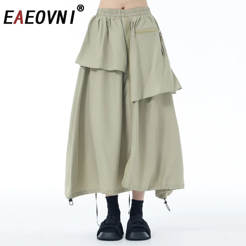 

EAEOVNI Streetwear Women Skirt Zipper Irregular Patchwork Design Drawstring Loose A Line Long Skirts Fashion 2025 New Clothing