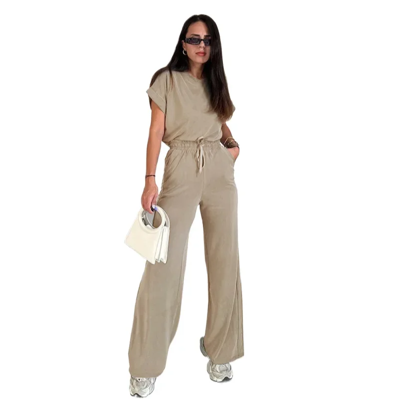 

Summer New Solid Color O Neck Short Sleeve T Shirt Women's Suit Simple Lace-up High Waist Casual Sports Pants 2-piece Set Female