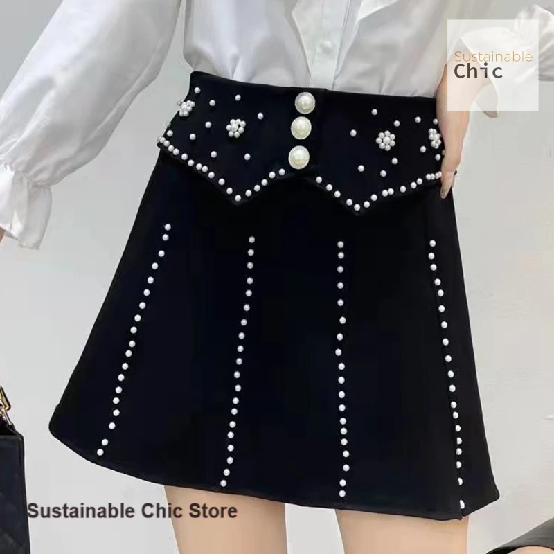 Jupe tricotée de style coréen pour femmes, nouveau style occidental Joker, taille haute, noire, jupe lourde en forme de A avec perles, printemps et automne