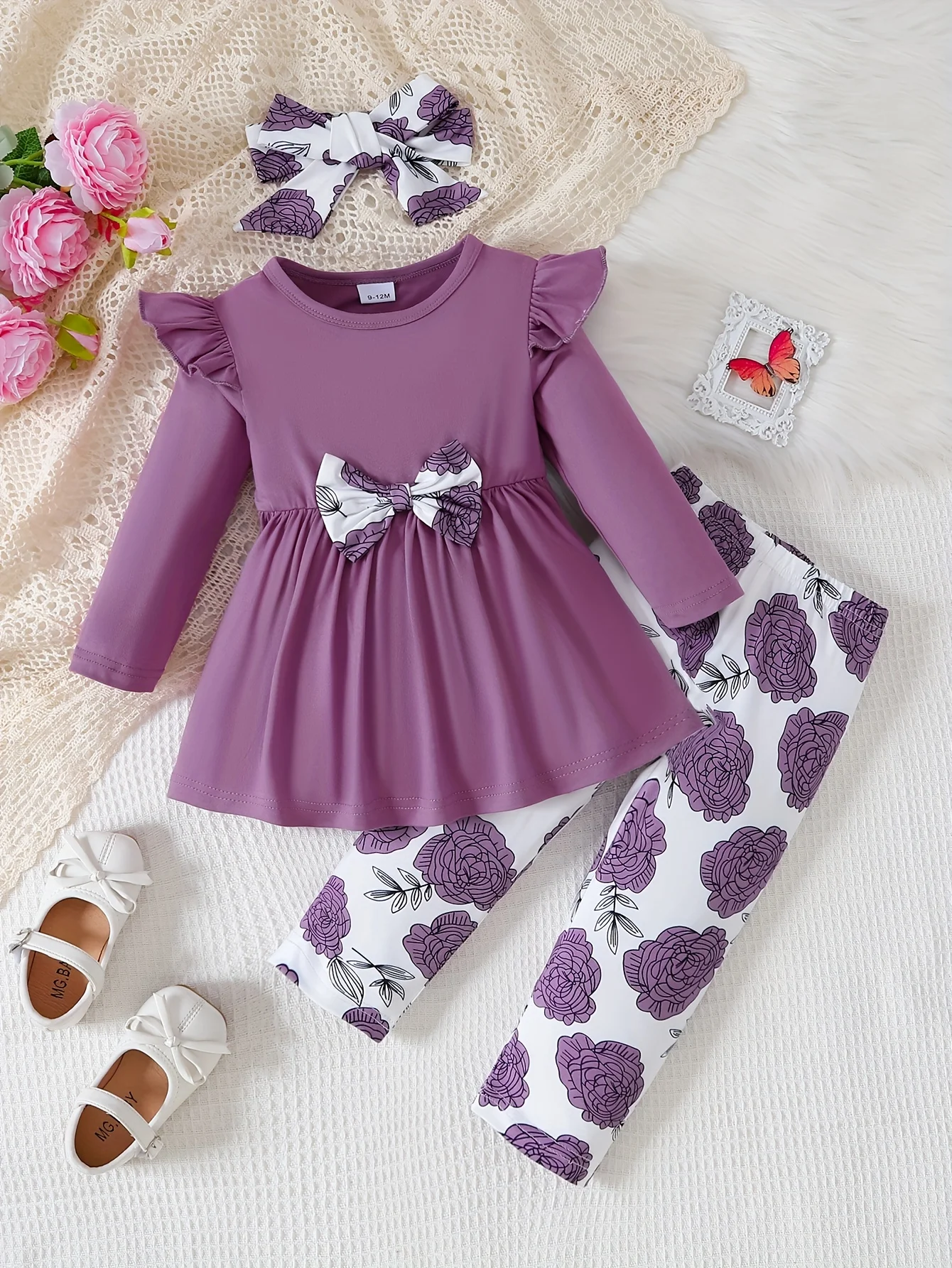 3PCS Autumn Clothing Set Infant Girl Long Sleeved Top with Bow+Floral Pants+Headband Fashion Outfits for 0-3 Years Toddler Girl