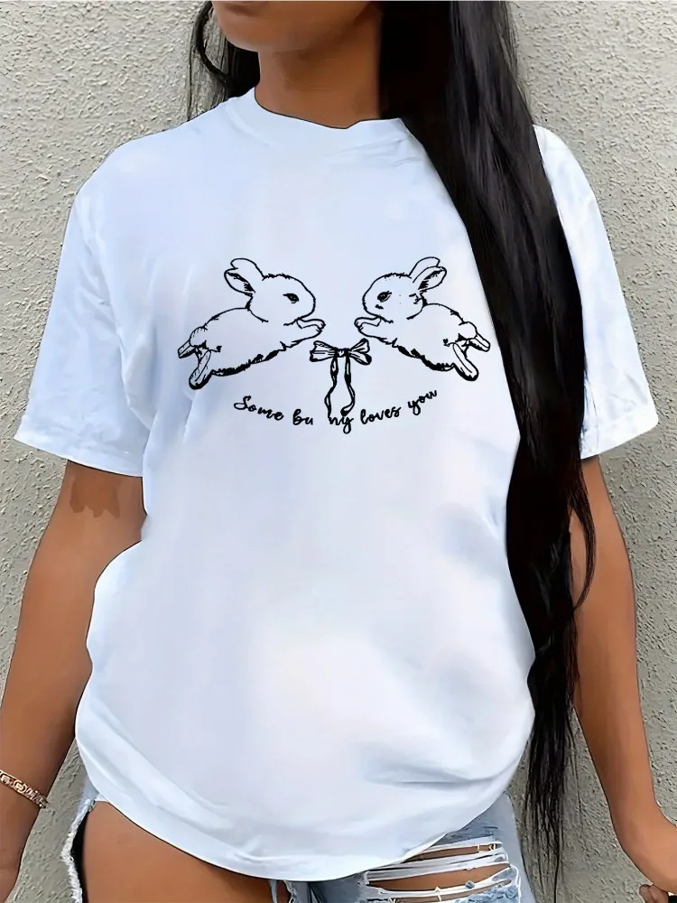 

Женская футболка с повседневным узором I Think You've Fallen in Love with Me Топ из чистого хлопка с круглым вырезом и короткими рукавами с принтом кролика