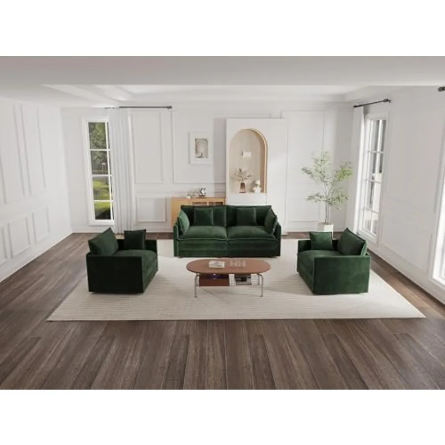 

3-Piece Sofa Set with 1 Oversized Chenille Loveseat Sofa and 2 Single Sofa, Upholstered Modern Style 4-Seater Couch Set with 6