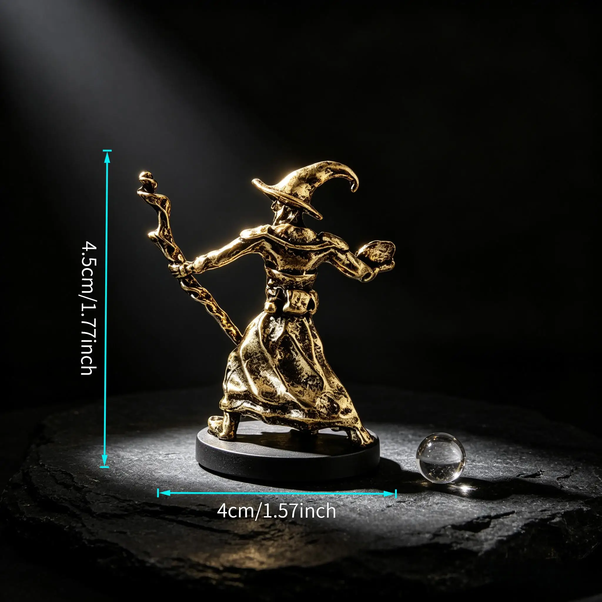 2 antique brass fantasy mage and mummy dolls, three-dimensional carvings of magical story characters