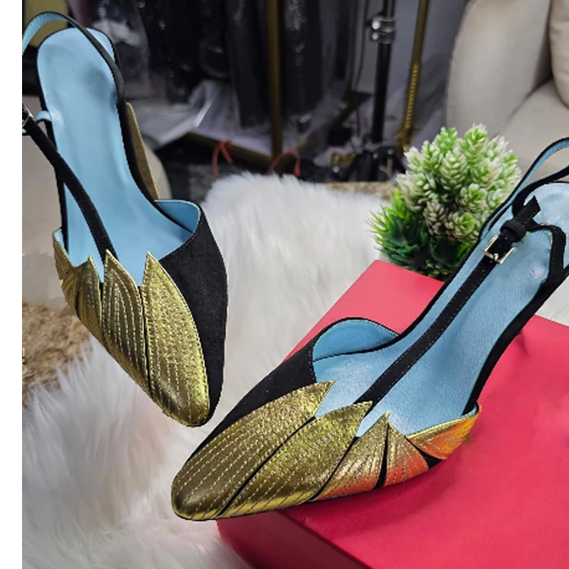 

Gold Pattern Pointed Toe Slingback Stilettos Sandals Woman Summer 2026 Color Blocking High Heels Pumps Fashion Party Dress Shoes