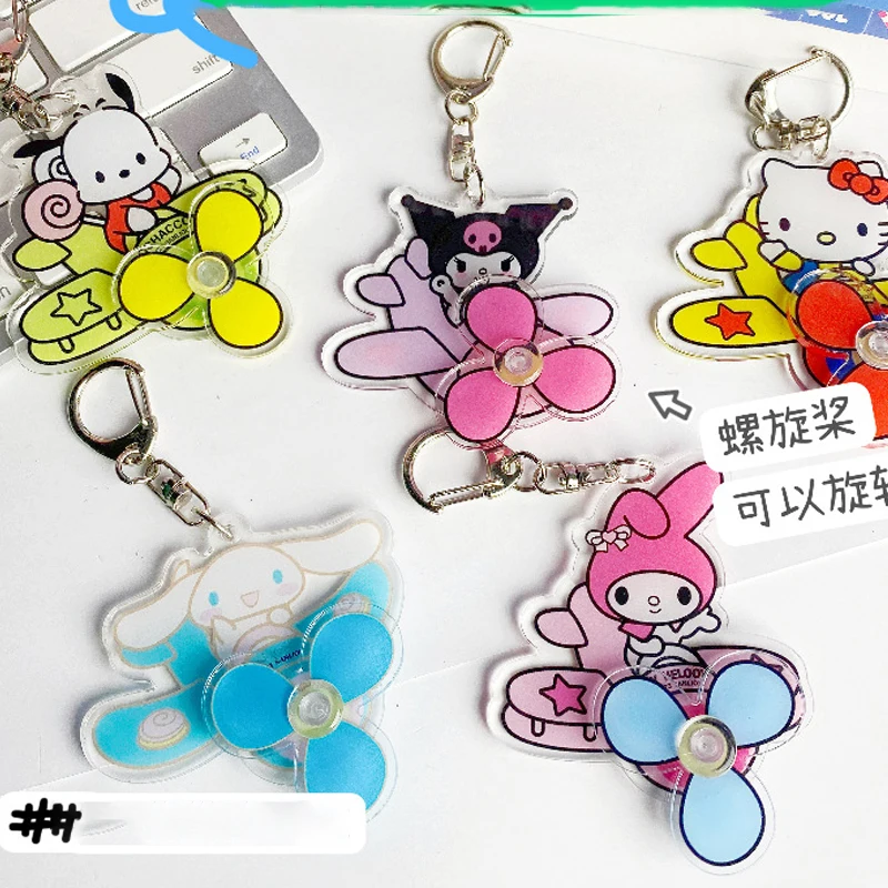 Sanrio Acrylic Keychain HelloKitty Kuromi Cinnmoroll Melody Cute Student Backpack Rotating Aircraft Keyring Toys Keyring Gifts