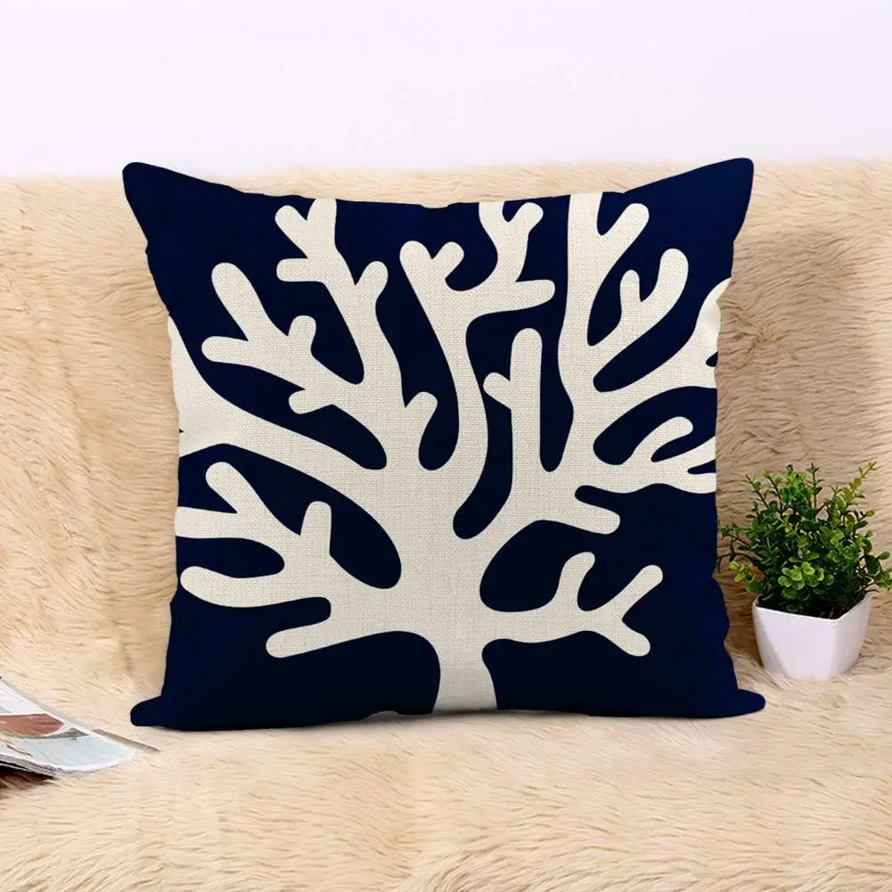 Linen Throw Pillowcase Beach Nautical Coral Reef Navy Blue Sailboat Home Decoration Pillowcase Square Cushion Cover Sofa Bed