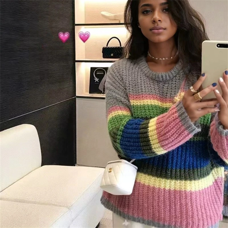 

O-neck Long Sleeved Rainbow Striped Sweater Women Casual Loose Pullover Casual Knitted Autumn Korean Sweet Winter Knitwear
