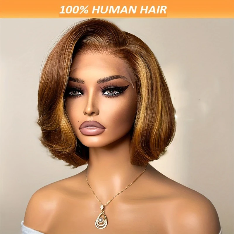 Straight Ombre Lace Front Wig Human Hair 18inch 4/27 Highlight Wig Human Hair Pre-plucked, 13x4 Straight Honey Blonde Mix Brown image 2