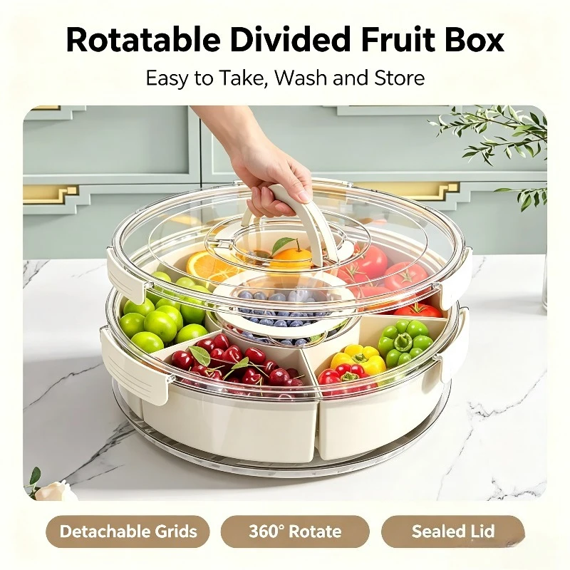 New Kitchen 6-point Grid with Handle Sealable Fruit and Spice Storage Box Transparent Dried Fruit Snack Tray Fresh-keeping Box
