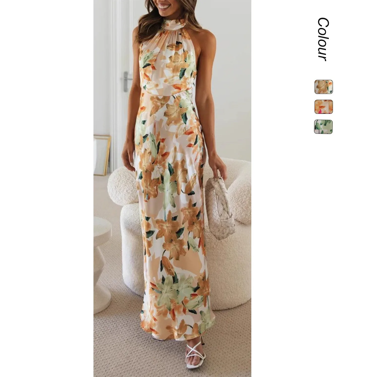 

Ins foreign trade 25 years sexy woman with fashionable personality straps, neck straps, backless printed dress