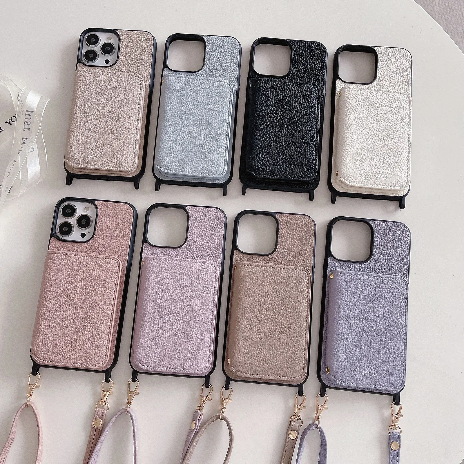 

Crossbody Leather Wallet Cards Solt Case For iPhone 16 Pro Max 15 Plus 14 13 12 11 long Lanyard Bag Pocket Lichee Pattern Cover
