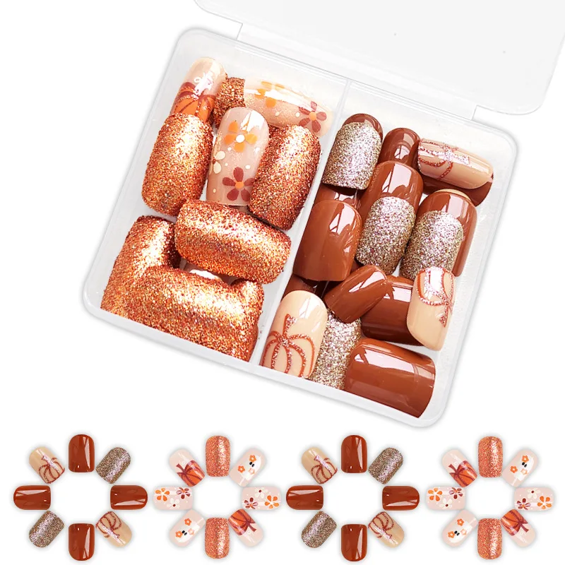 48pcs/set Cute Ghost & Pumpkin Halloween Press-On Nails-Glossy Short Square Festive Designs Fake Nails for Women and Girls Wear