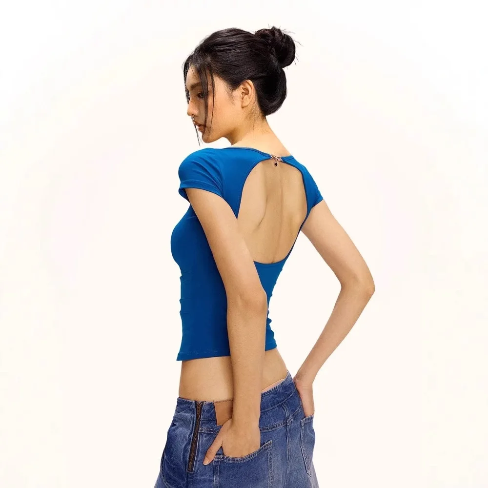 

Backless Short Sleeve T-Shirt for Women, Slim Fit Solid Color Casual Summer Open Back Top