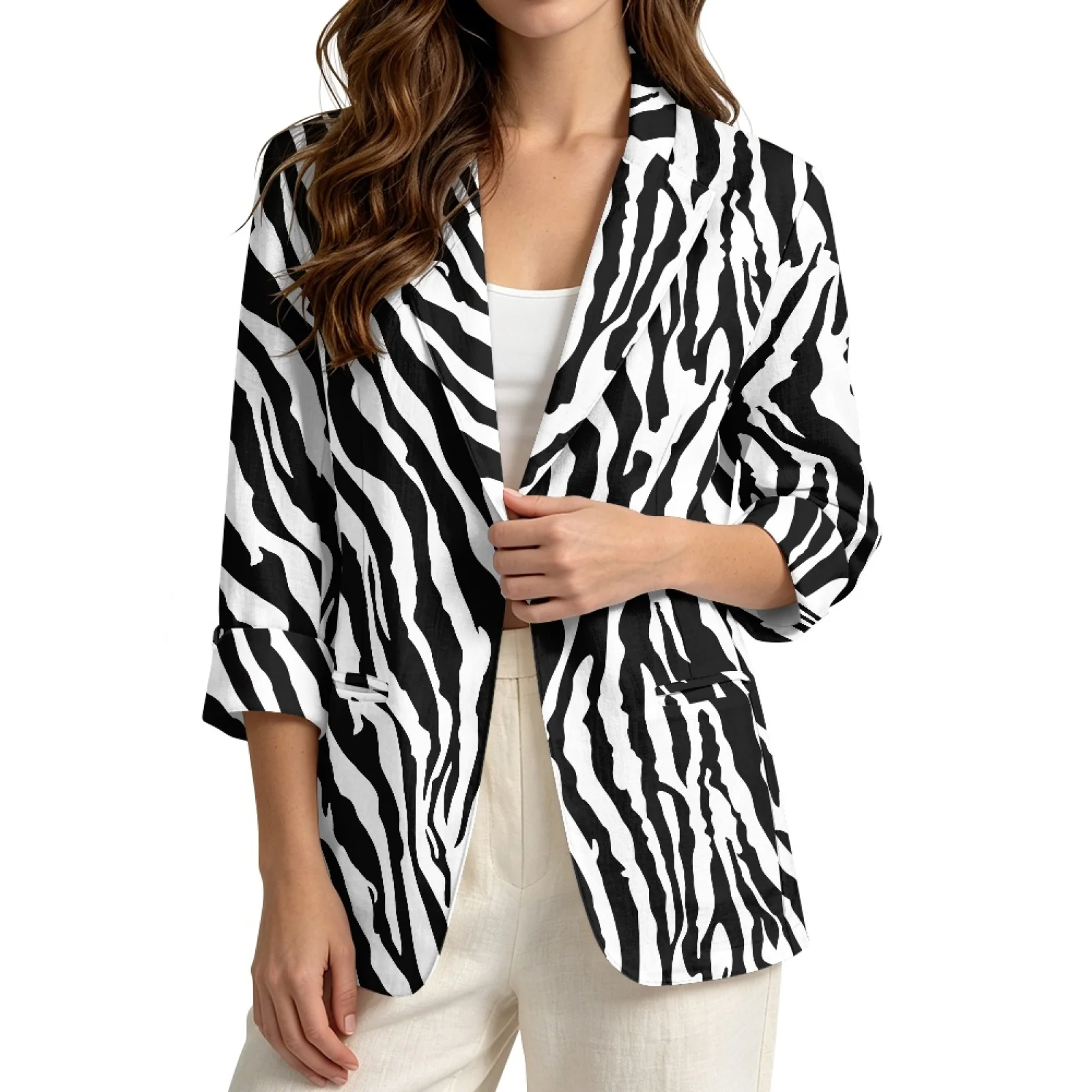 PENSTROLL Zebra with Pockets Open Front Cardigan for Daily Wear Linen Like Beach Cardigan S-3XL