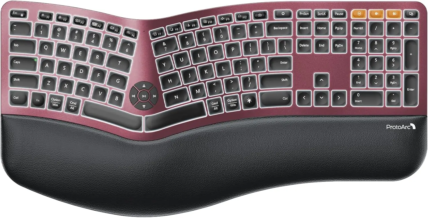 Ergonomic Split Wireless Keyboard with Backlit, Dual Bluetooth/USB, Rechargeable, Wrist Rest for Windows/Mac in Wine Red
