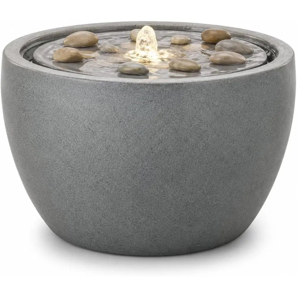 17.7 Garden Water Fountain Outdoor Bubbler, Resin Water Feature with 6 LED Lights & 5W Pump, Concrete-Effect Indoor Outdoor Foun
