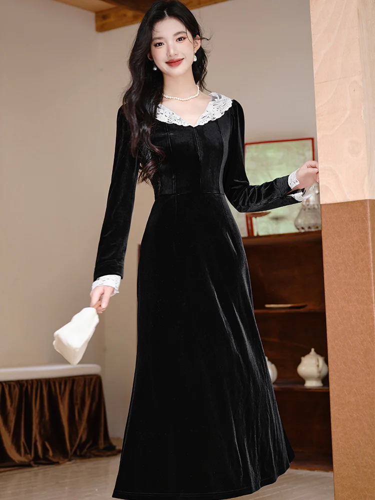 Czarna aksamitna sukienka patchworkowa z koronką, dekolt w serek, elegancka sukienka bodycon na jesień i zimę, sukienka festiwalowa 2025, koreańska sukienka vintage na imprezę.