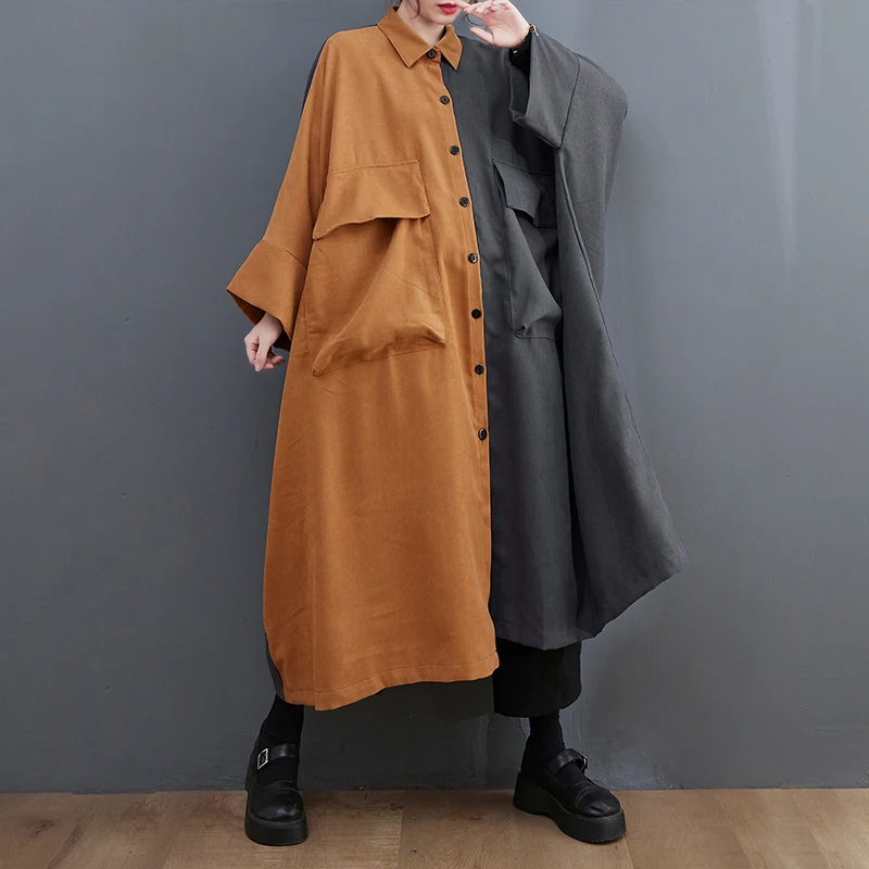 GetSpring Women Dress 2024 Autumn Color Matching Single Breasted Shirt Dress Fashion All Match Loose Casual Long Female Dresses