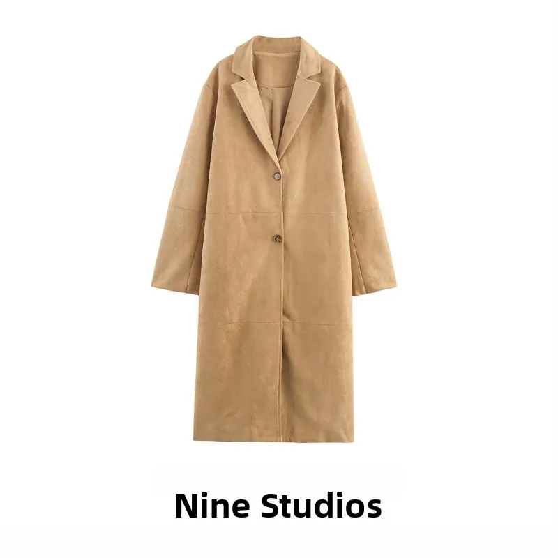 

NINE ZA Women's Loose Casual Faux Velvet Long Coat Windbreaker Pure Color Outerwear Commute Sle Long Sve Suit Collar