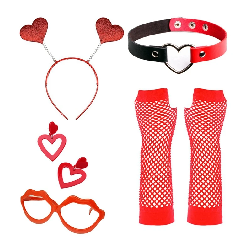 5 Pcs Cupid Costume Women Kit With Earrings , Gloves,Heart Headband, Sunglasses, And Necklace For Adult Kids Accessories