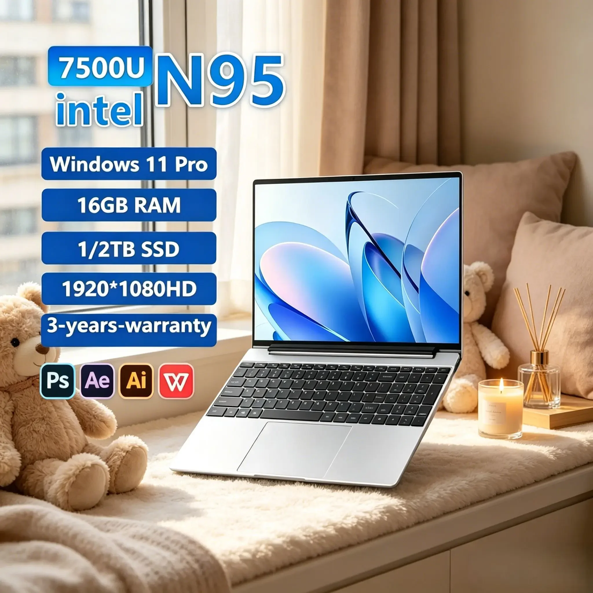 

14.1" Laptop with Intel N95 Processor, 120Hz FHD IPS Ultra‑Clear Display, 7500mAh Large‑Capacity Long‑Lasting Battery, 32GB， 2TB