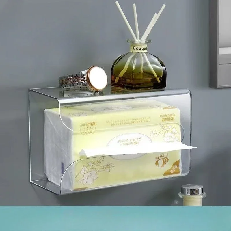Transparent Tissue Box with No Trace Adhesive Non Perforated Tissue Box Wall Mounted Kitchen Bathroom Desktop Paper Drawer Box