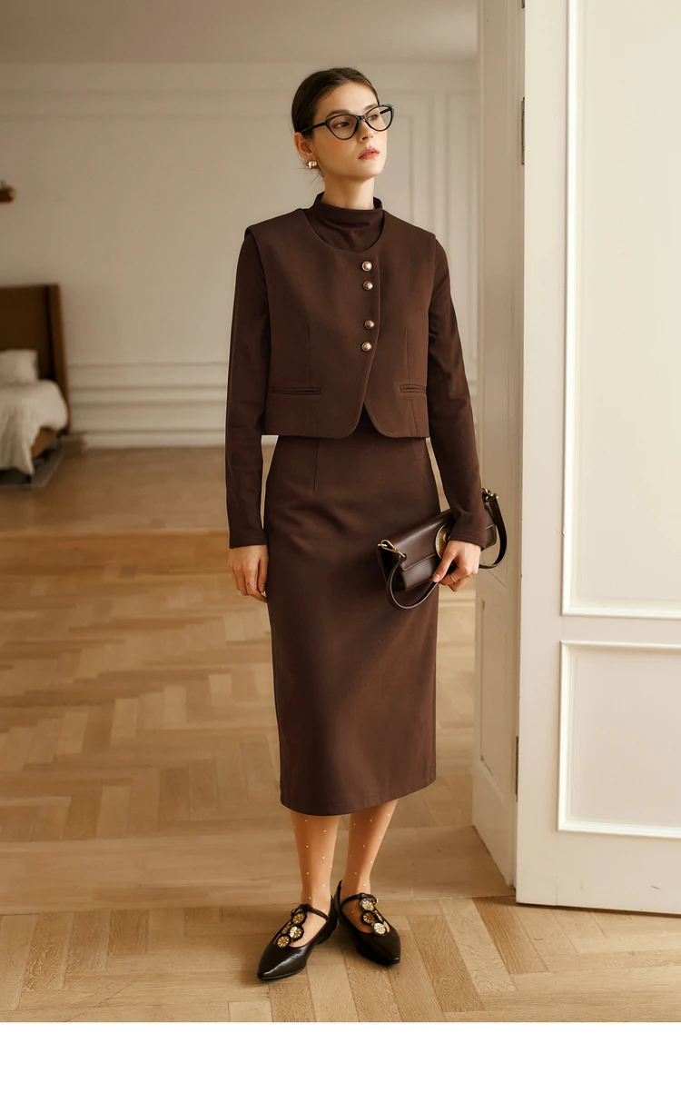 OLrain French Skirt Set 2025 Autumn Solid Turtleneck Top Asymmetric Placket Vest Straight Long Skirts Three-piece Set O56DE95363