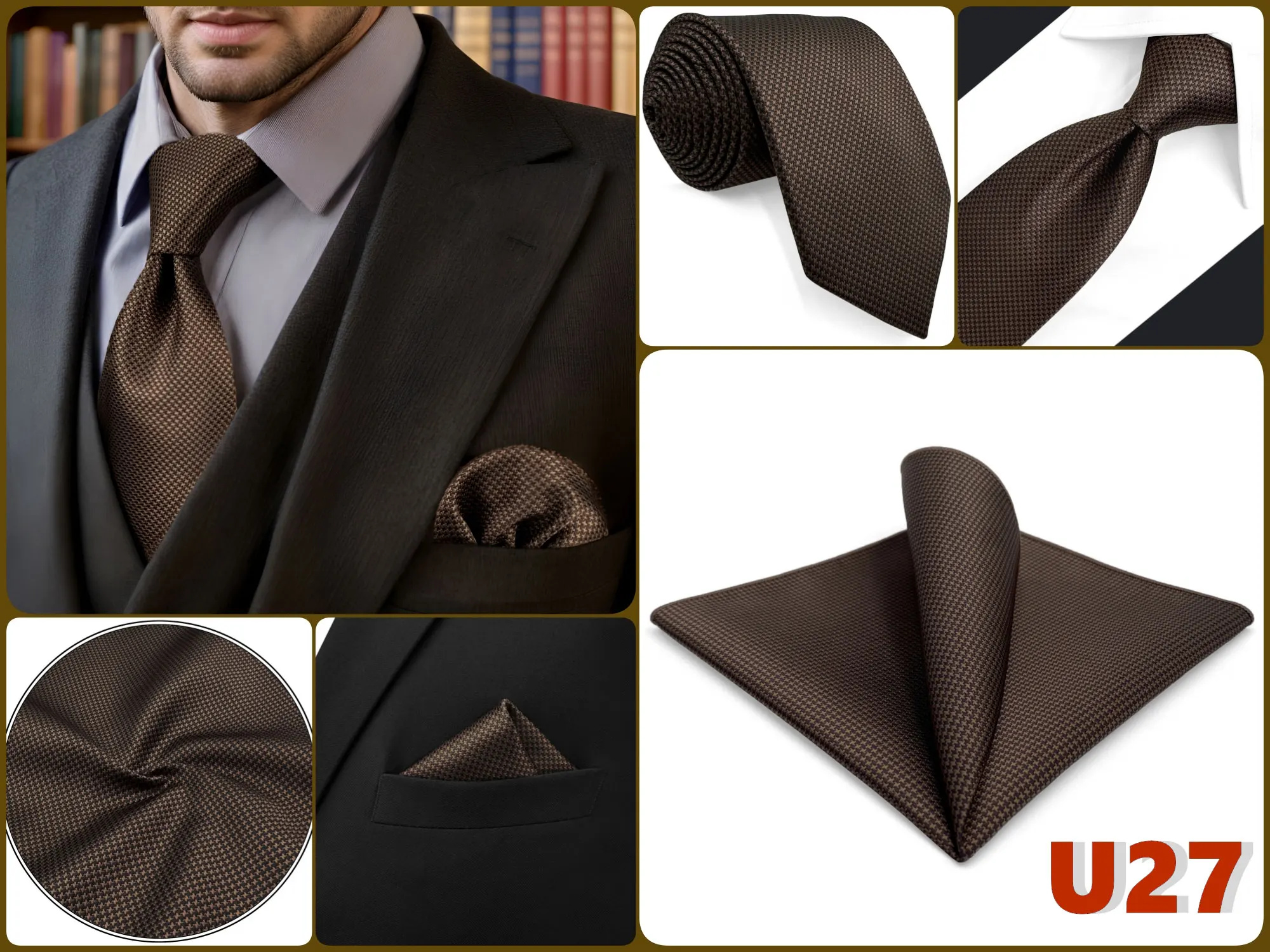 Braunes Herren-Krawatten-Einstecktuch-Set, klassisches Krawatten-Einstecktuch-Set, Business-Formal, Khaki, 147 cm, Dropshipping, Vintage – Detail 11