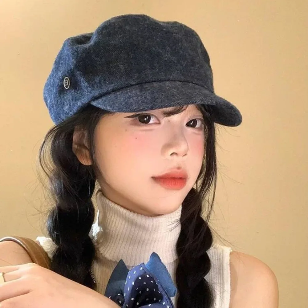 

Korean Vintage Demin Beret Y2k Artist British Style Painter Cap Flat Brim Versatile Octagonal Hat Streetwear