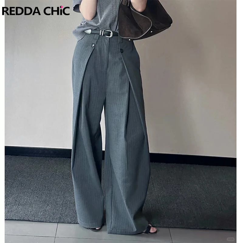 ReddaChic Casual Wide Leg Pants High Waist Gray Striped Pleated Long Oversized Draped Trousers Women Autumn Office Work Wear